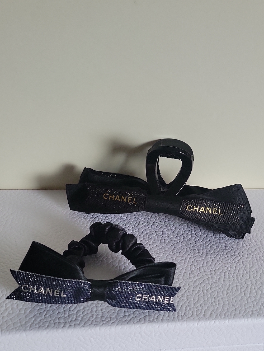 CHANEL Black Ribbon Bow Hair Clips with Gold Logo